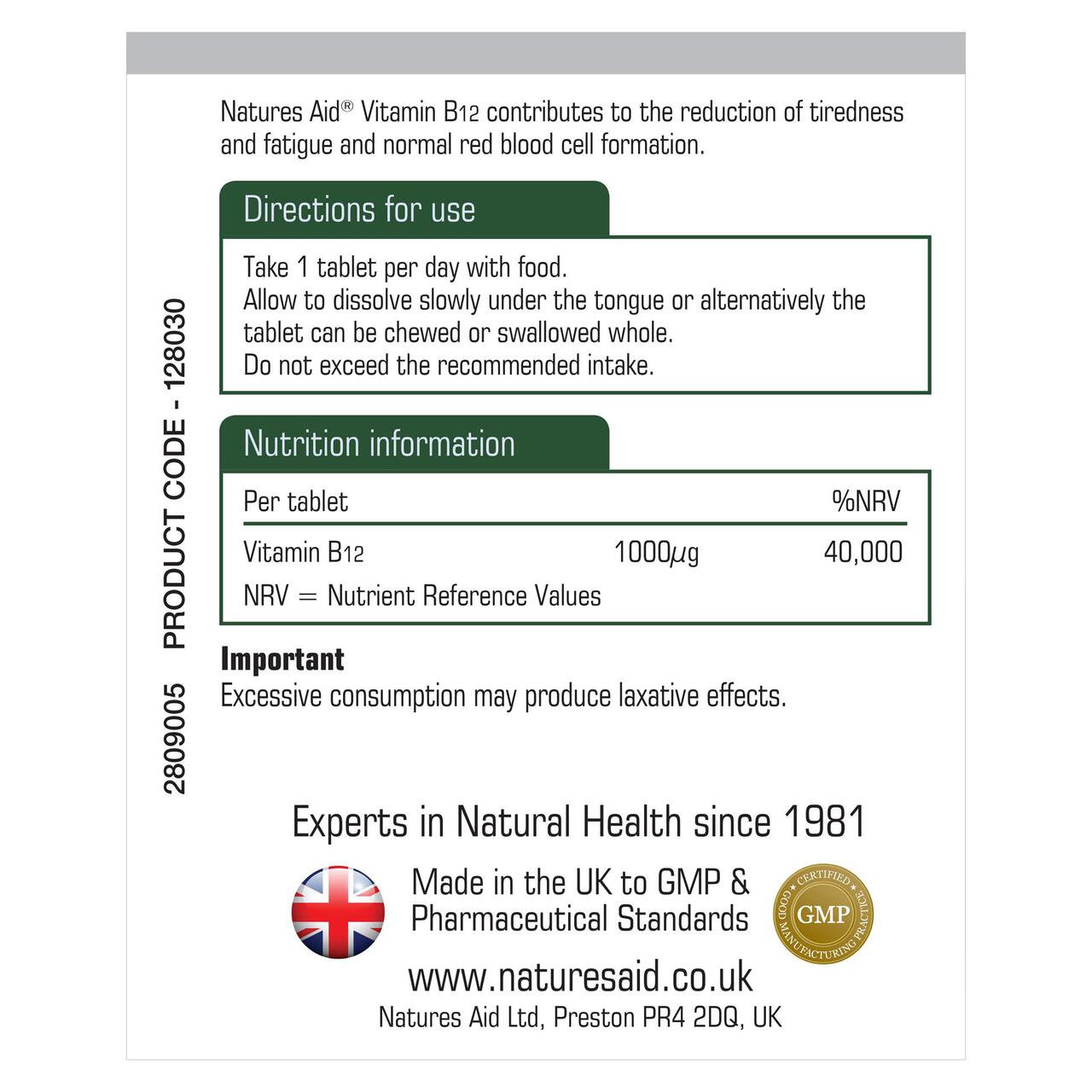 Natures Aid Vitamin B12 Supplement Tablets 1000ug 90 per pack