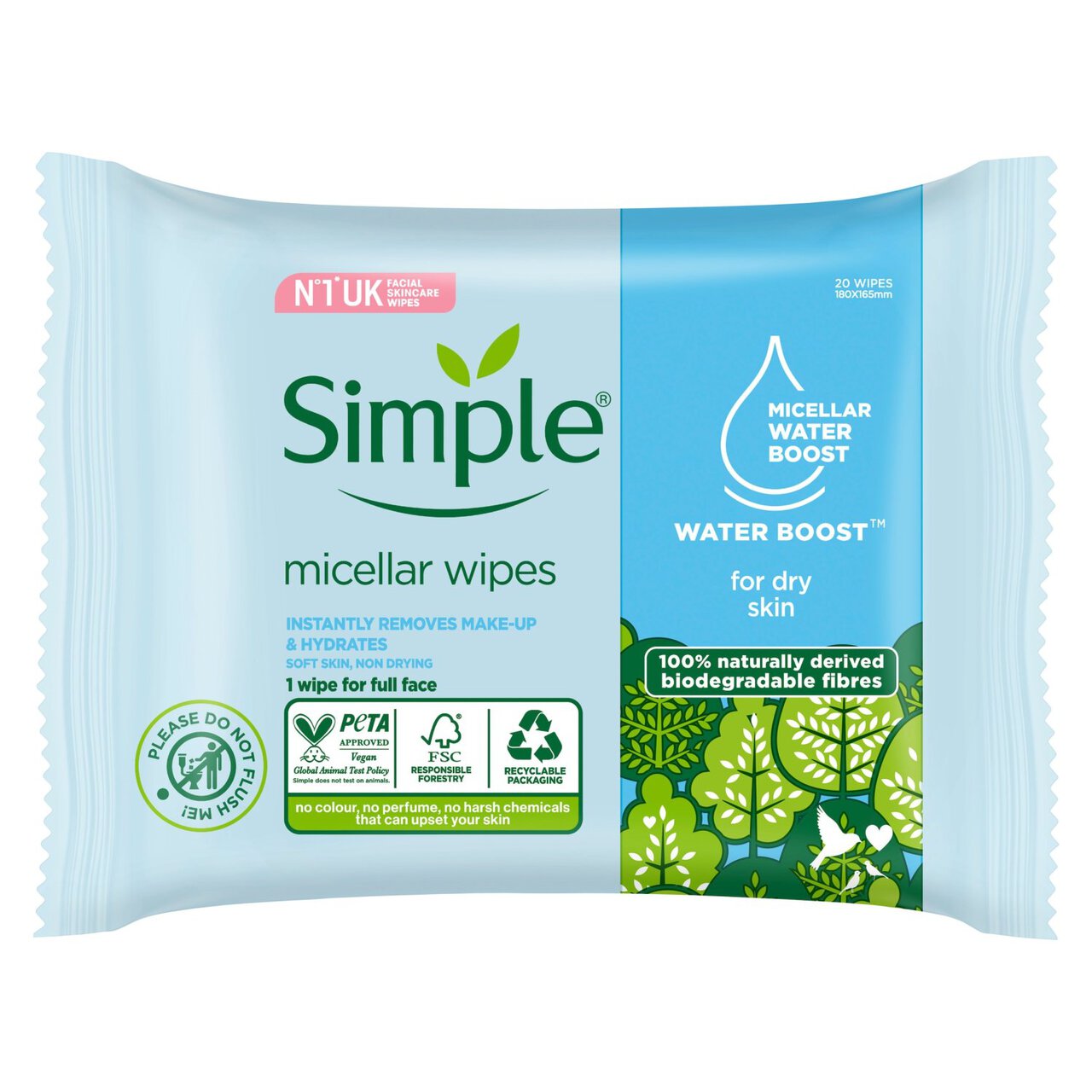 Simple Kind to Skin Micellar Biodegradable Cleansing Wipes 20 per pack