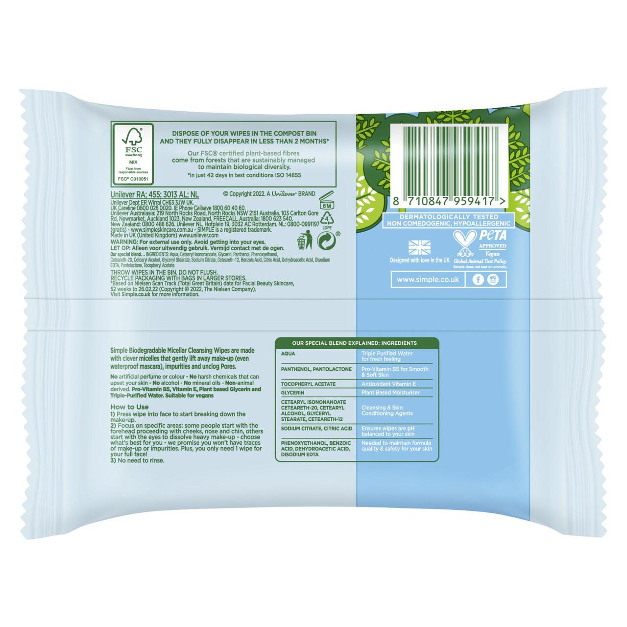 Simple Kind to Skin Micellar Biodegradable Cleansing Wipes 20 per pack
