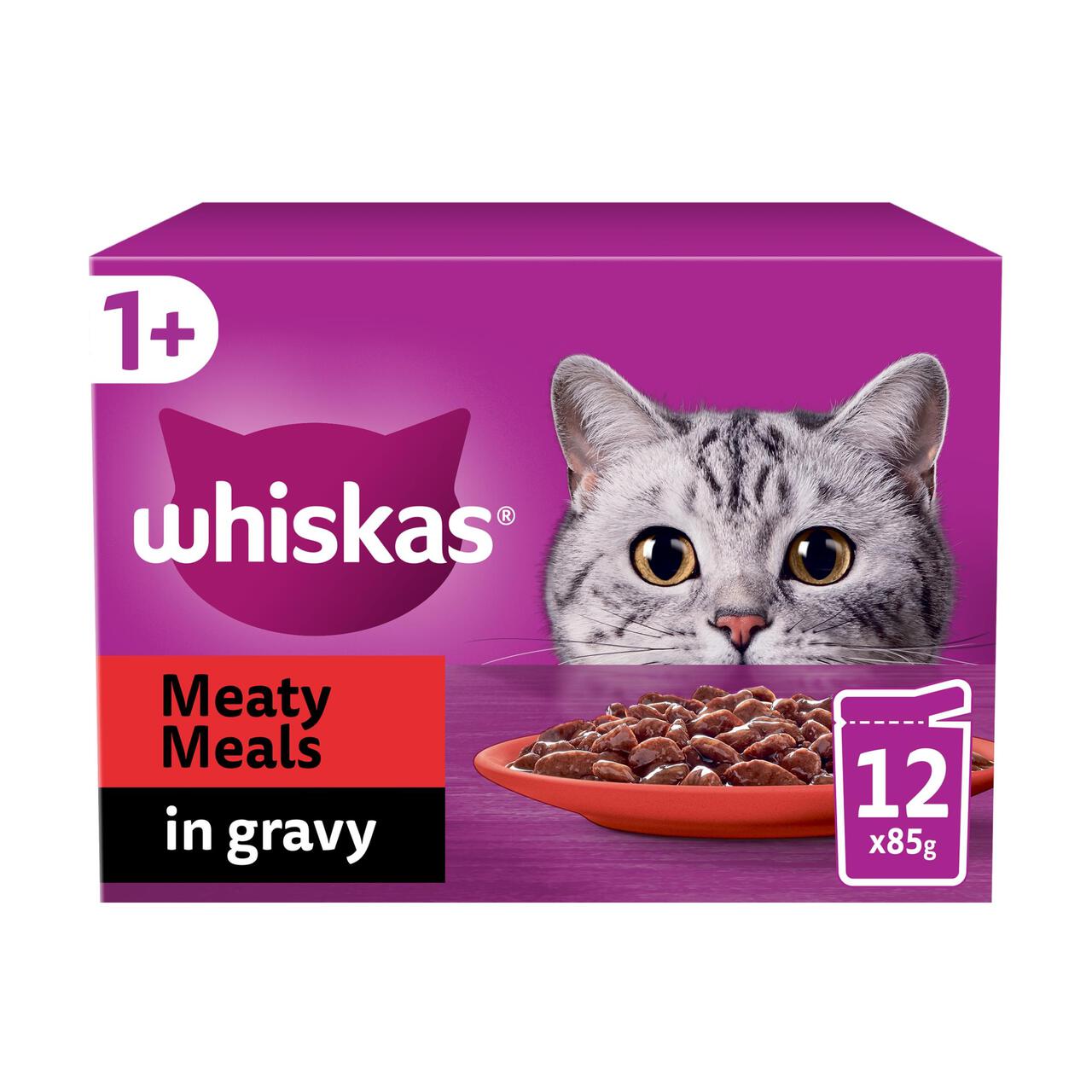 WHISKAS 1+ Cat Pouches Meaty Meals in Gravy 12 x 85g