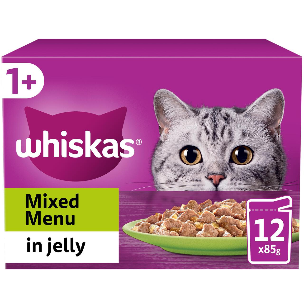 WHISKAS 1+ Cat Pouches Mixed Menu in Jelly 12 x 85g
