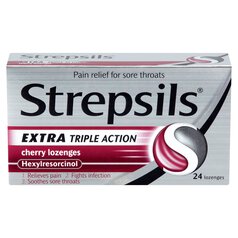 Strepsils Extra Triple Action Cherry Lozenges for Sore Throat 24 per pack