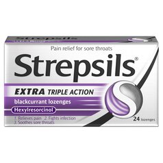 Strepsils Extra Triple Action Blackcurrant Lozenges for Sore Throat 24 per pack