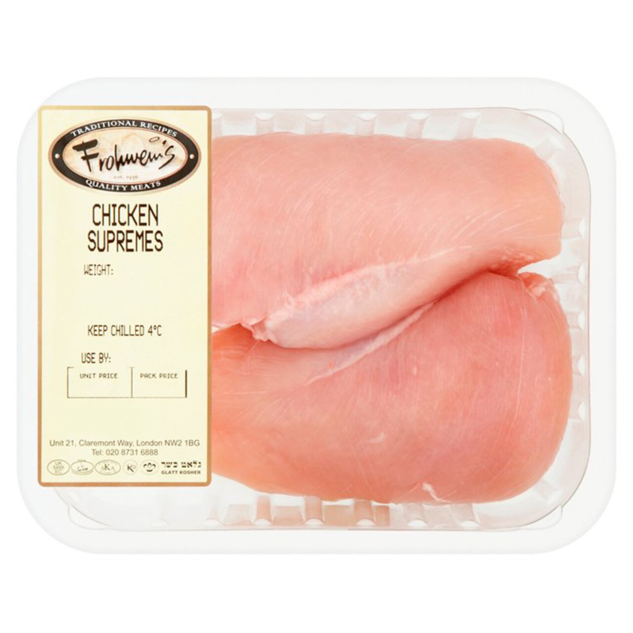 Frohweins Chicken Breast Filets Supremes Kosher Skinless Typically: 500g