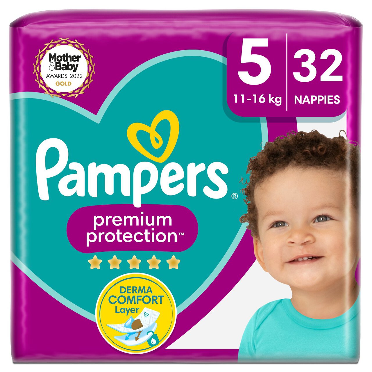 Pampers Premium Protection Nappies, Size 5 (11-16kg) Essential Pack 32 per pack
