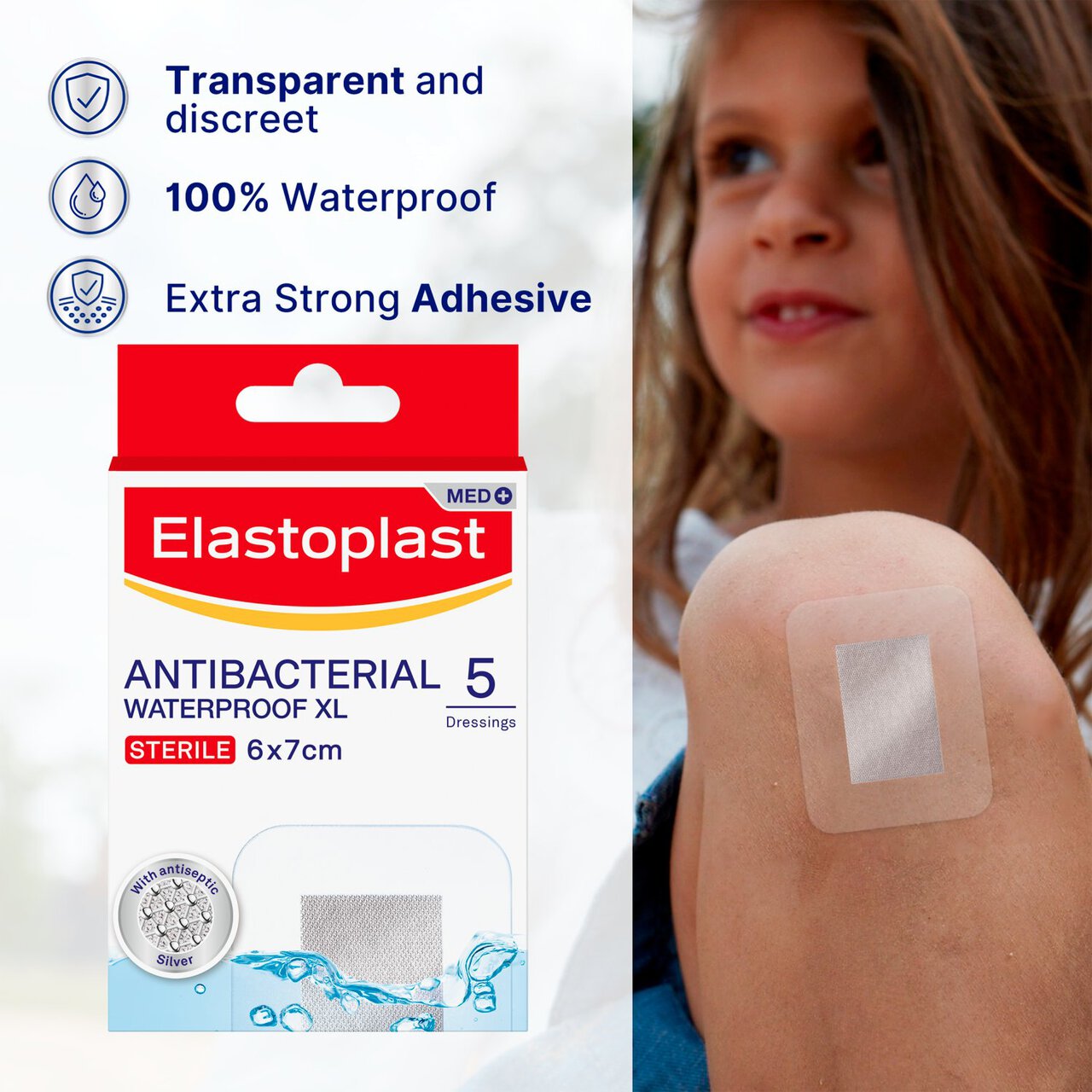 Elastoplast Antibacterial XL Waterproof Plasters 6x7cm 5s 5 per pack