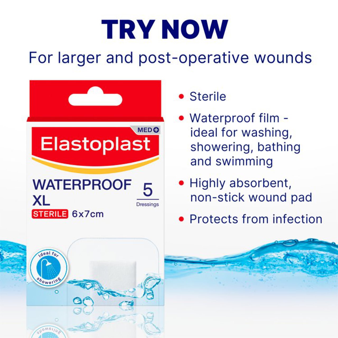 Elastoplast Antibacterial XL Waterproof Plasters 6x7cm 5s 5 per pack