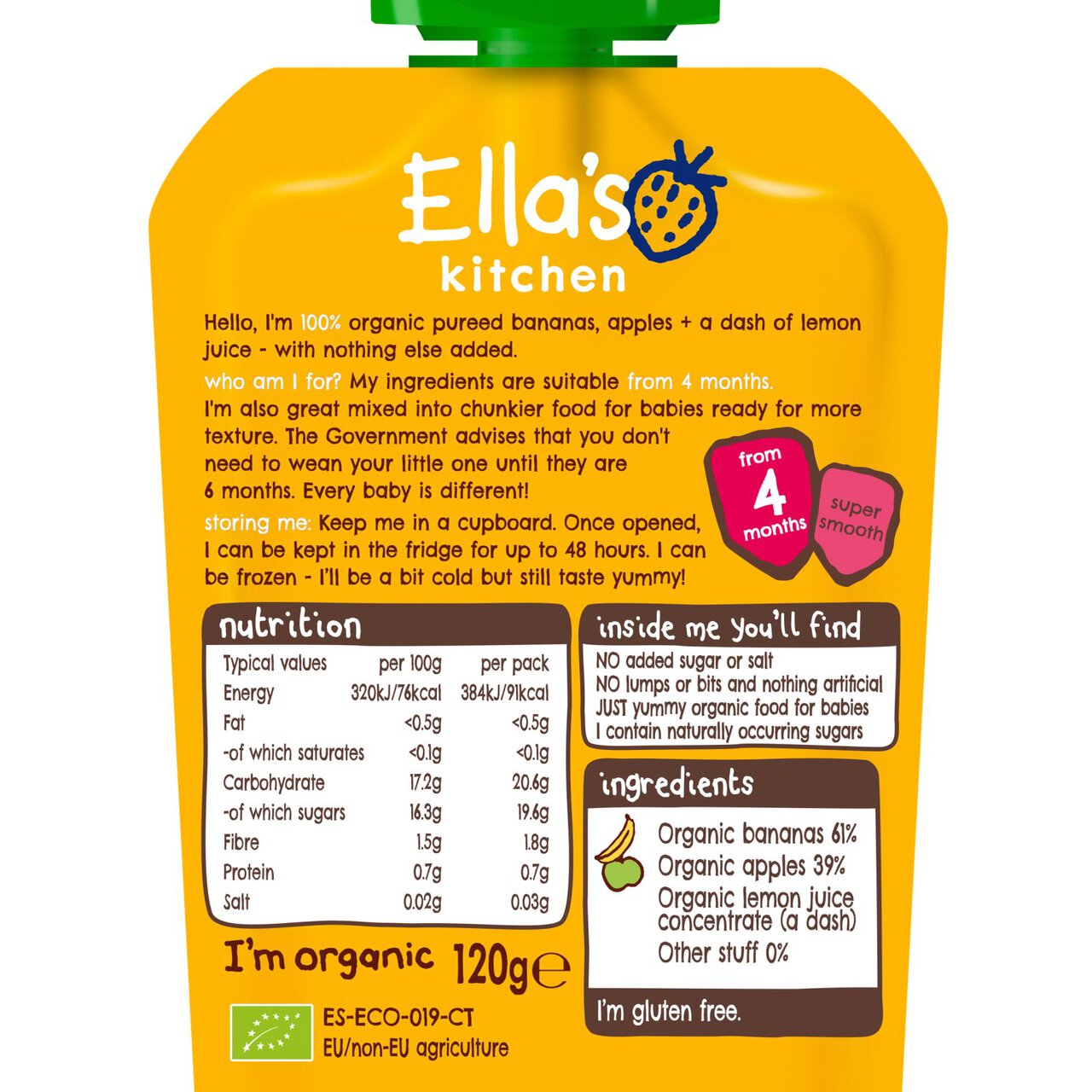 Ella's Kitchen Bananas and Apples Baby Food Pouch 4+ Months 120g
