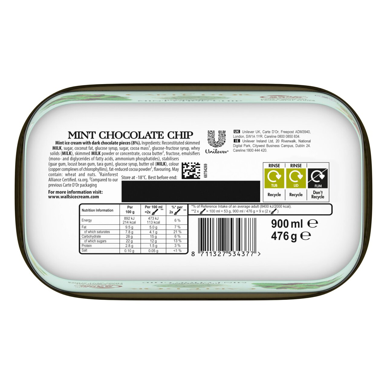 Carte D'or Classics Mint Chocolate Ice Cream Dessert Tub 900ml