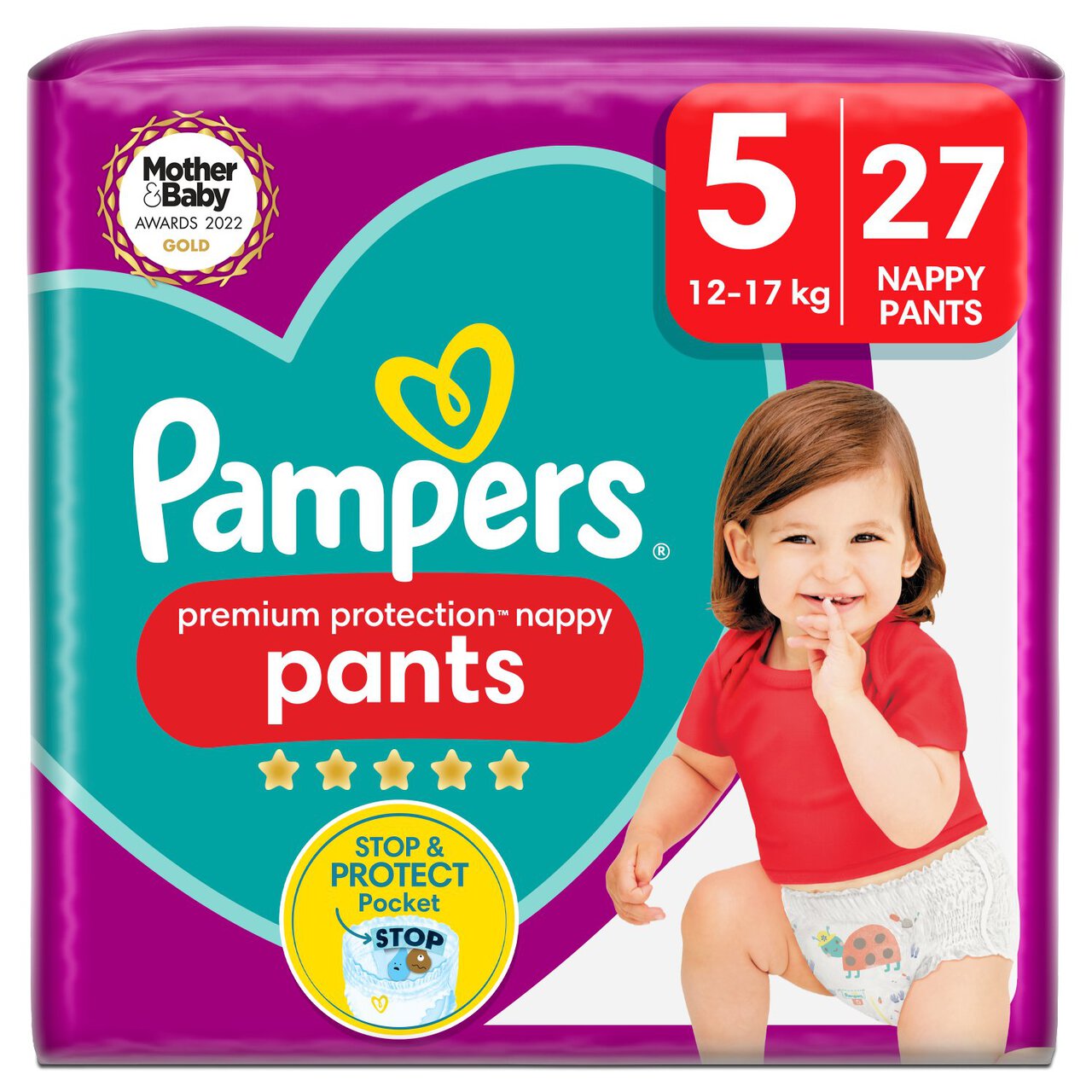 Pampers Premium Protection Nappy Pants, Size 5 (12-17kg) Essential Pack 27 per pack