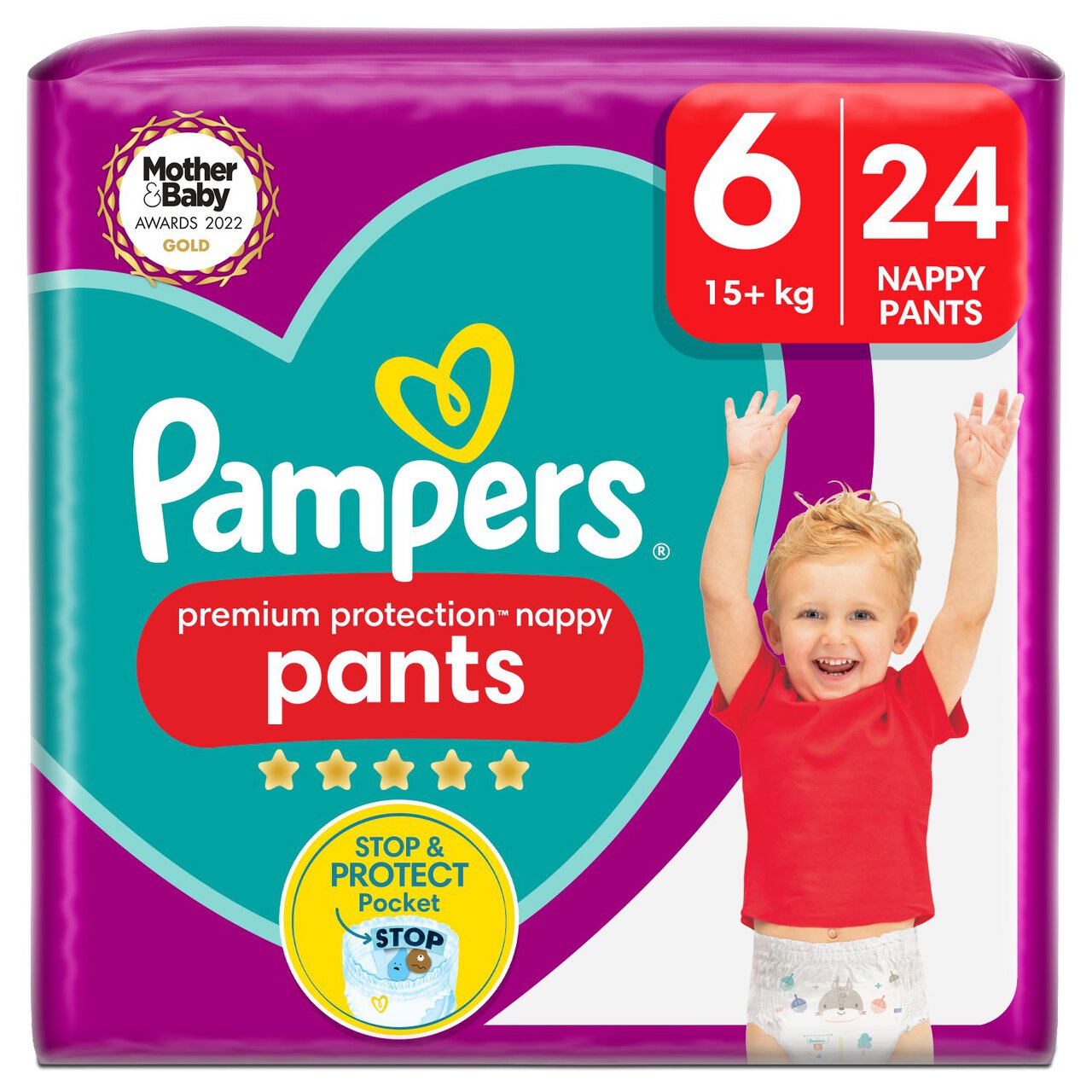 Pampers Premium Protection Nappy Pants, Size 6 (15kg+) Essential Pack 24 per pack