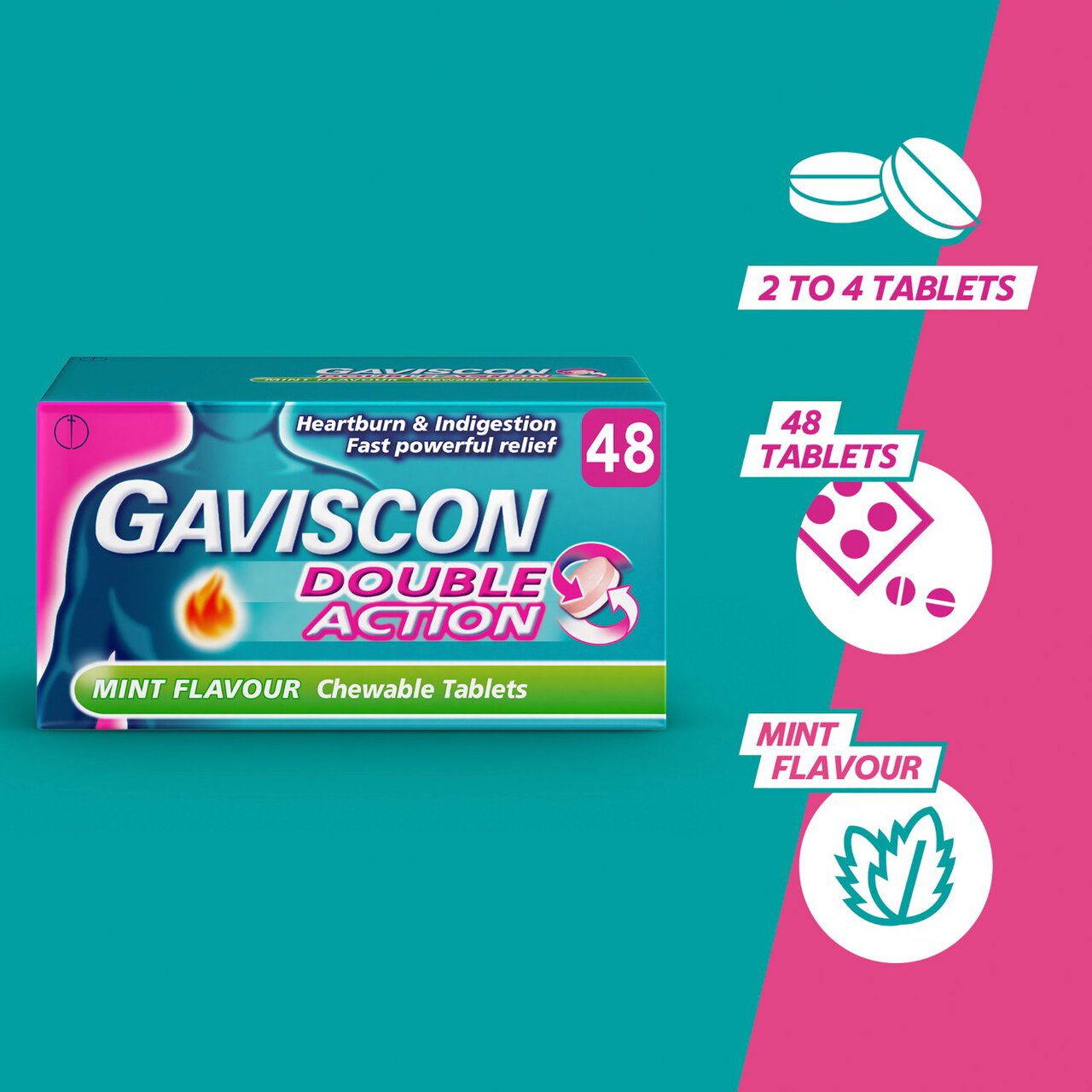 Gaviscon Double Action Heartburn & Indigestion Mint Flavour Tablets 48 per pack