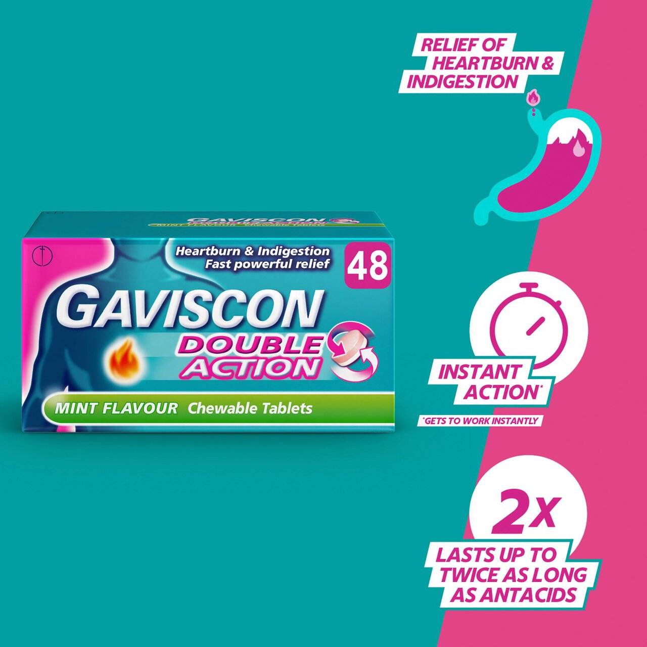 Gaviscon Double Action Tabs Heartburn Indigestion Mint 48 per pack