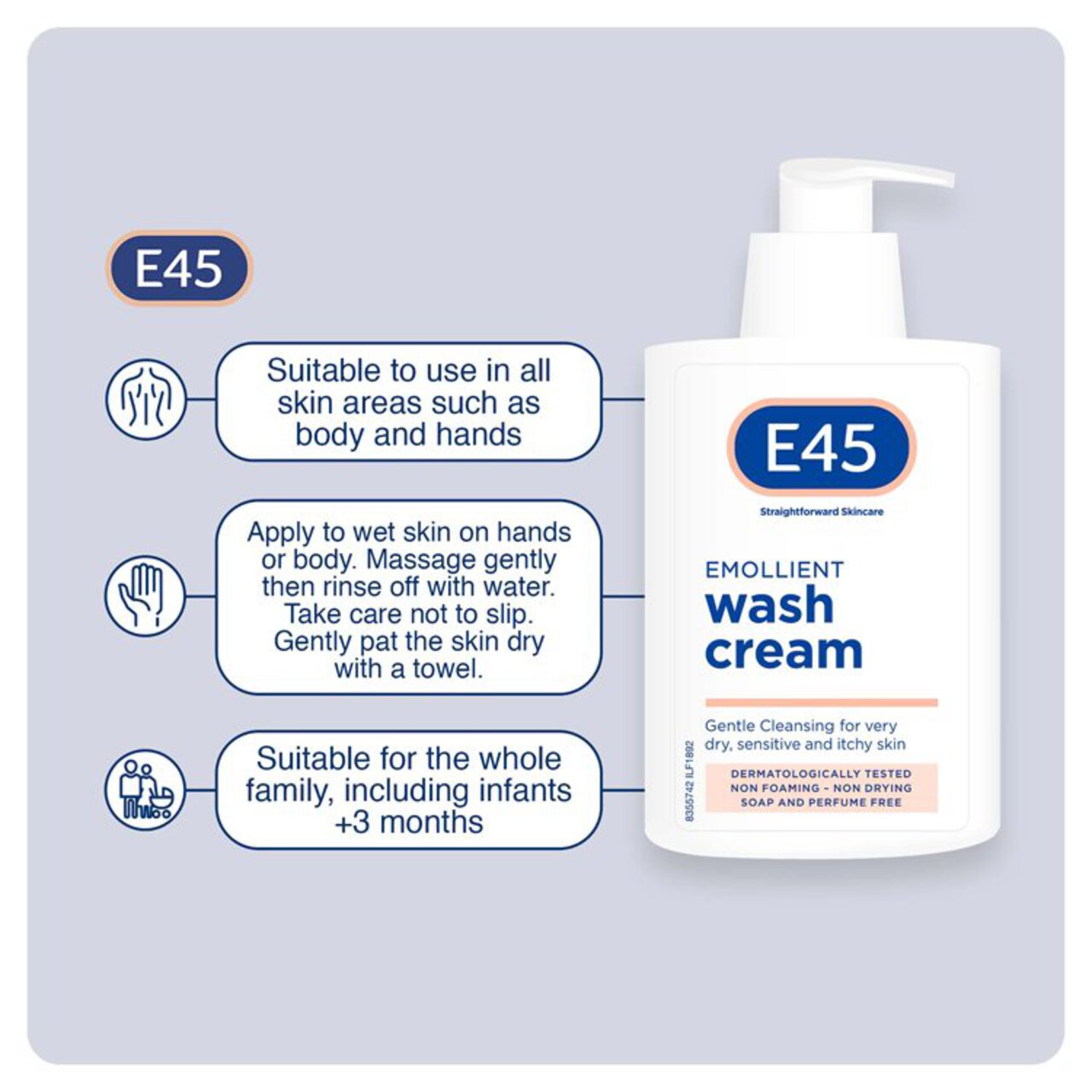 E45 Emollient Wash Cream, gentle cleansing for very dry skin Pump 250ml
