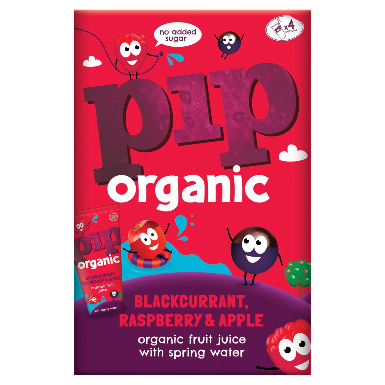 Pip Organic Blackcurrant, Raspberry & Apple Juice with Spring Water Cartons 4 x 180ml
