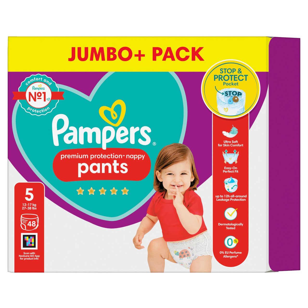 Pampers Premium Protection Nappy Pants, Size 5 (12-17kg) Jumbo+ Pack 48 per pack