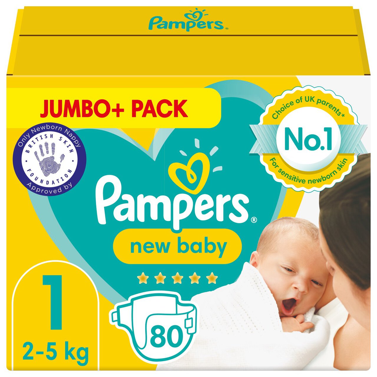 Pampers New Baby Nappies, Size 1 (2-5kg) Jumbo+ Pack 80 per pack
