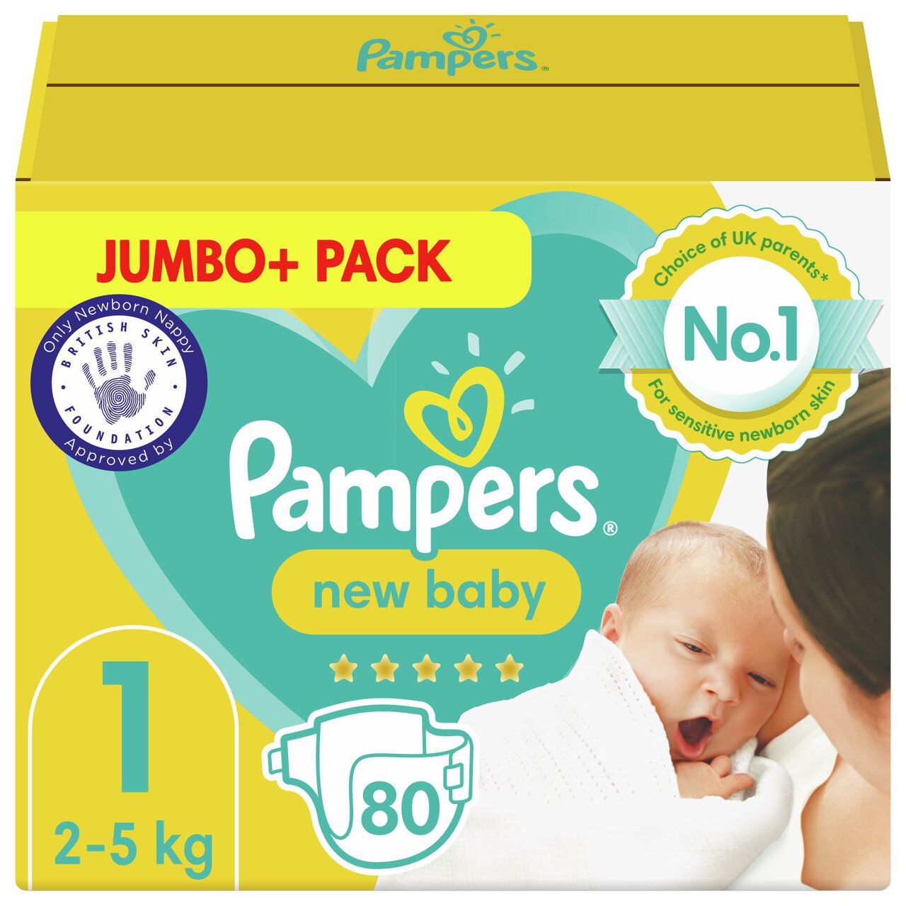 Pampers New Baby Nappies, Size 1 (2-5kg) Jumbo+ Pack 80 per pack