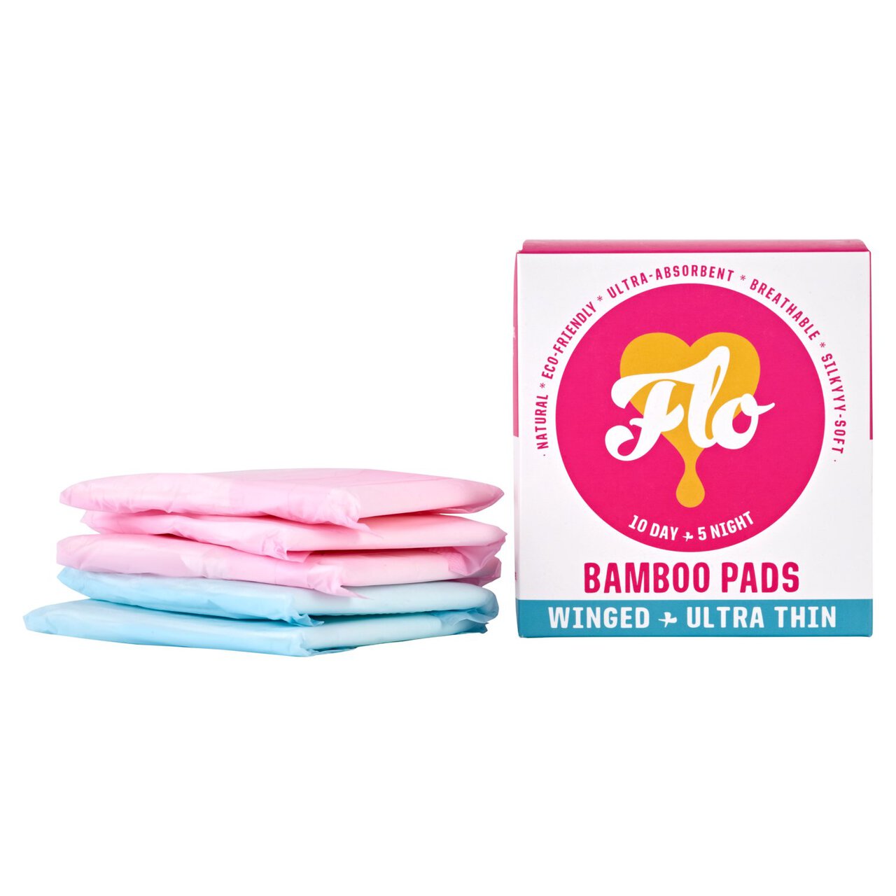 FLO Bamboo Sanitary Night & Day Pads, Winged & Ultra Thin 15 per pack