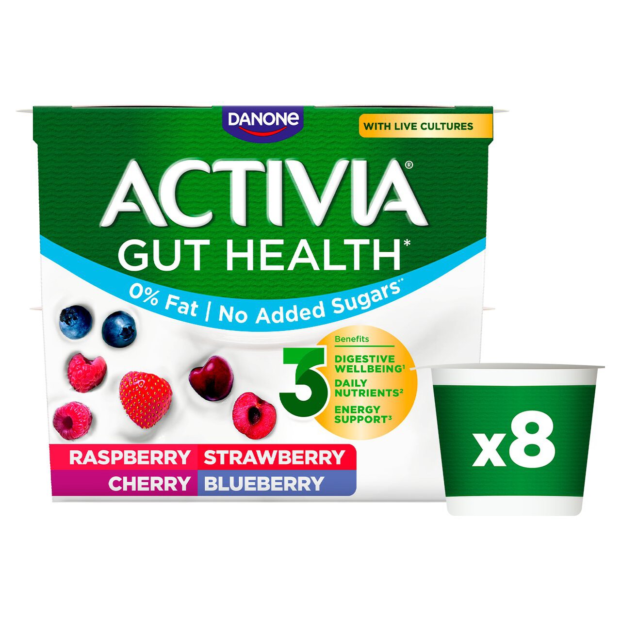 Activia Strawberry, Raspberry, Cherry & Blueberry No Added Sugar Fat Free  Multipack Yogurt 8x115g