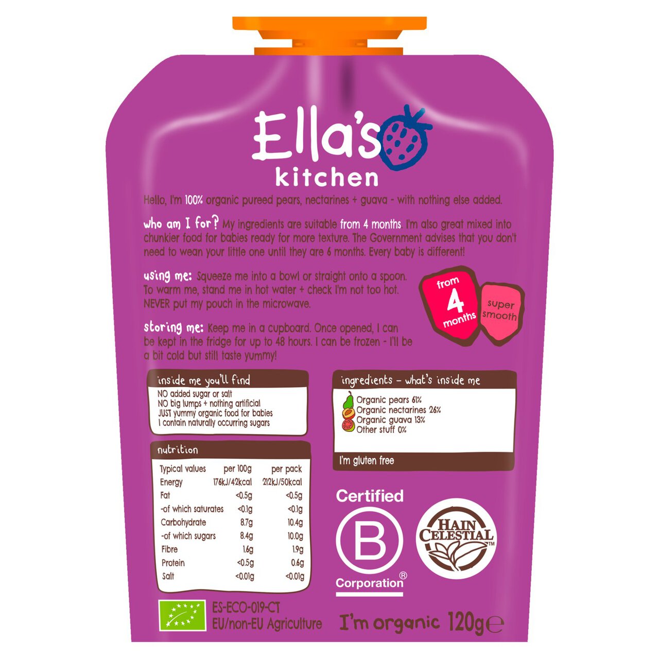 Ella's Kitchen Pears, Nectarines and Guava Baby Food Pouch 4+ Months 120g