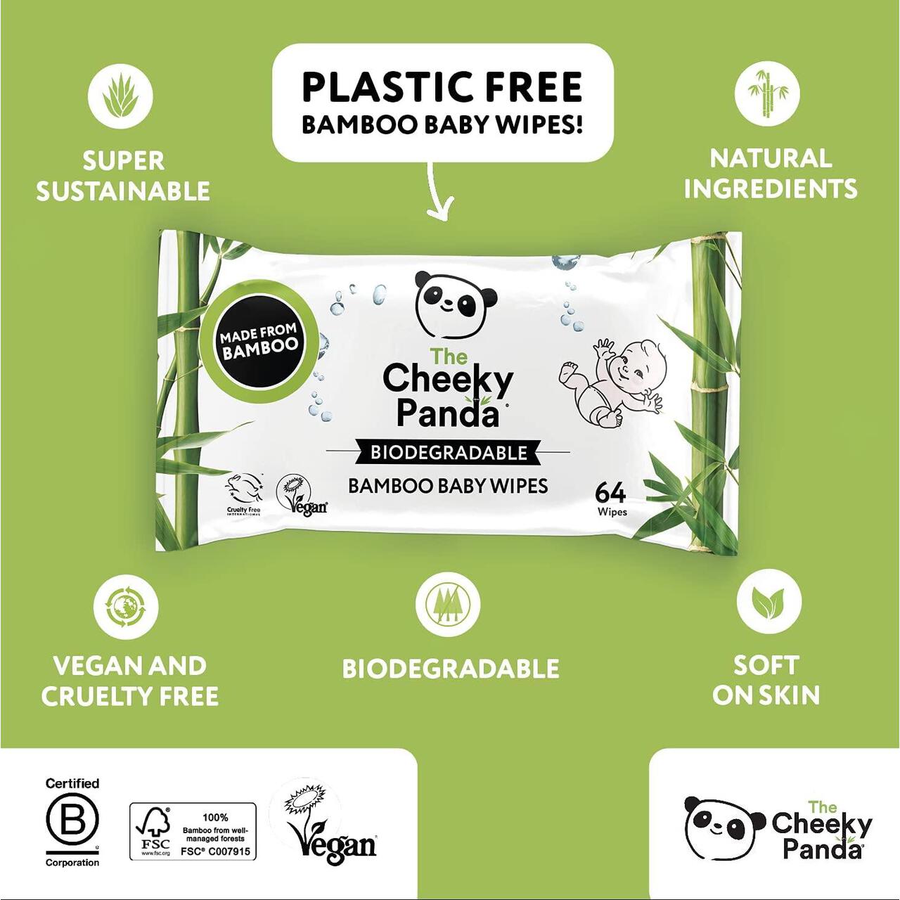 The Cheeky Panda Biodegradable Bamboo Baby Wipes 64 per pack