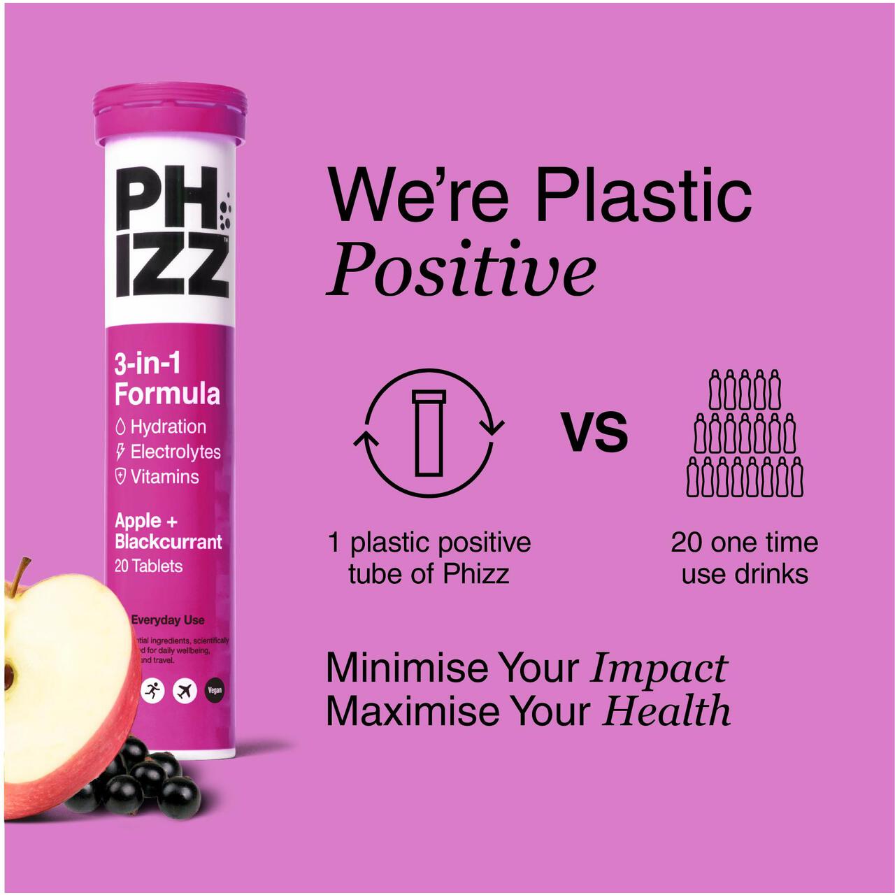 Phizz Apple+Blackcurrant 3in1 Hydration, Electrolyte & Vitamin Effervescent 20 per pack