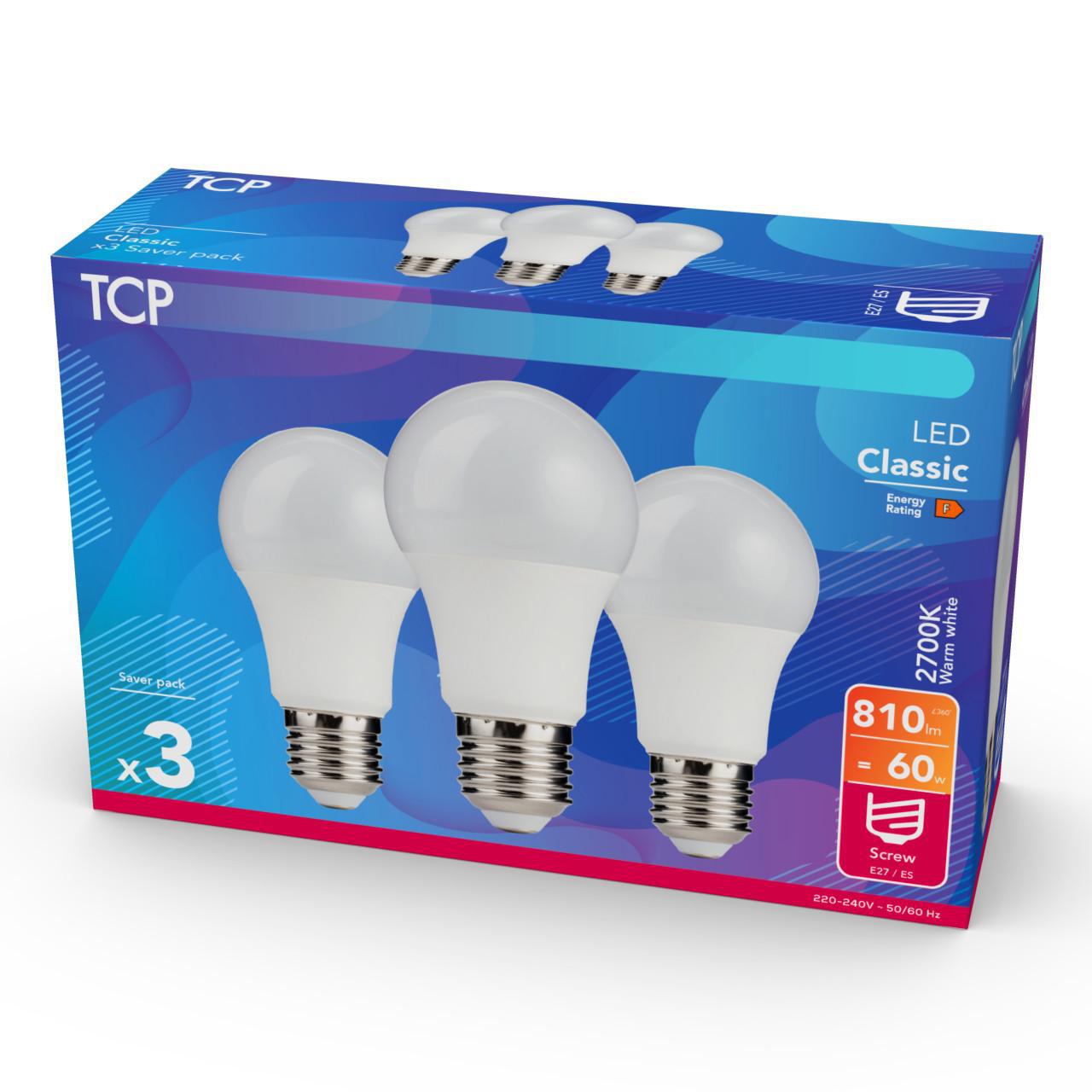 TCP Light Bulb LED Classic Screw 8.6w - 60w Warm white 3 per pack