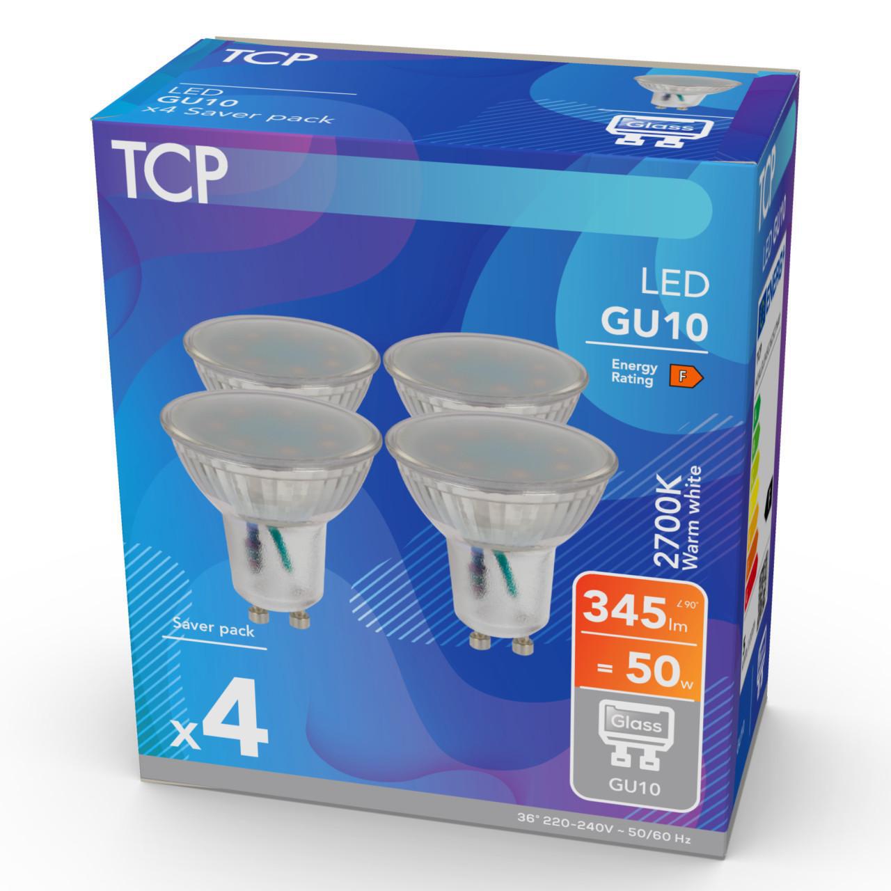 TCP Light Bulb LED Glass GU10  4.5w - 40w Warm white 4 per pack