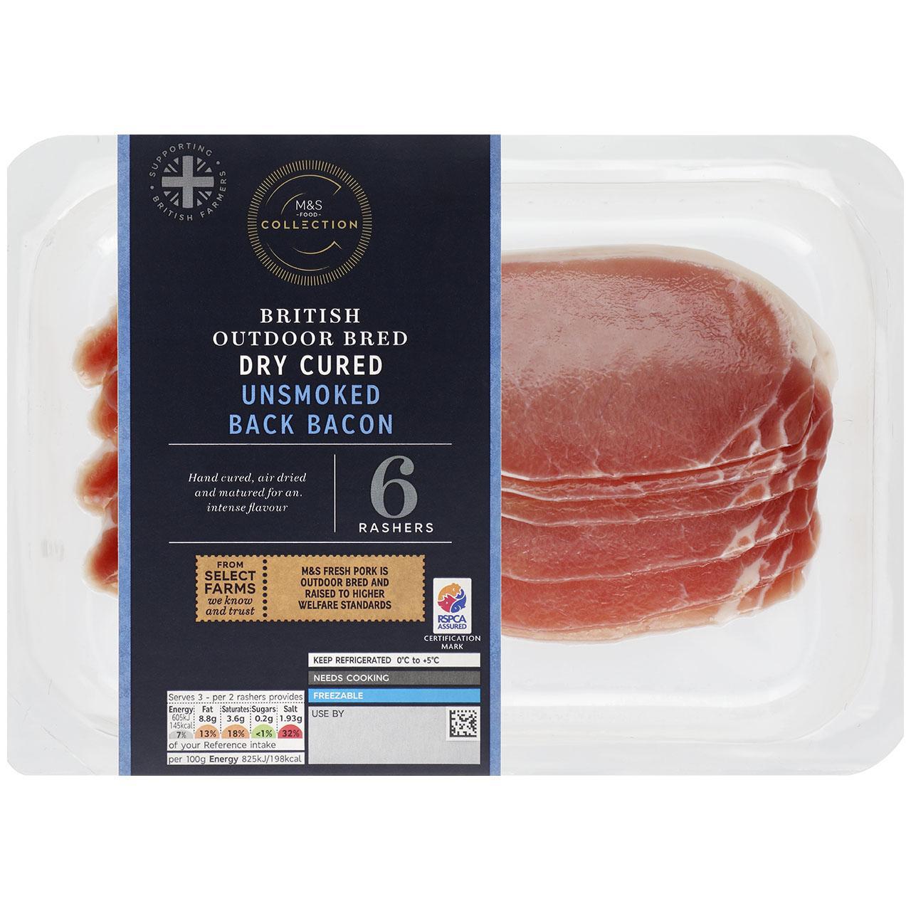 M&S Select Farms Outdoor Bred 6 Dry Cured Unsmoked Back Bacon Rashers 200g