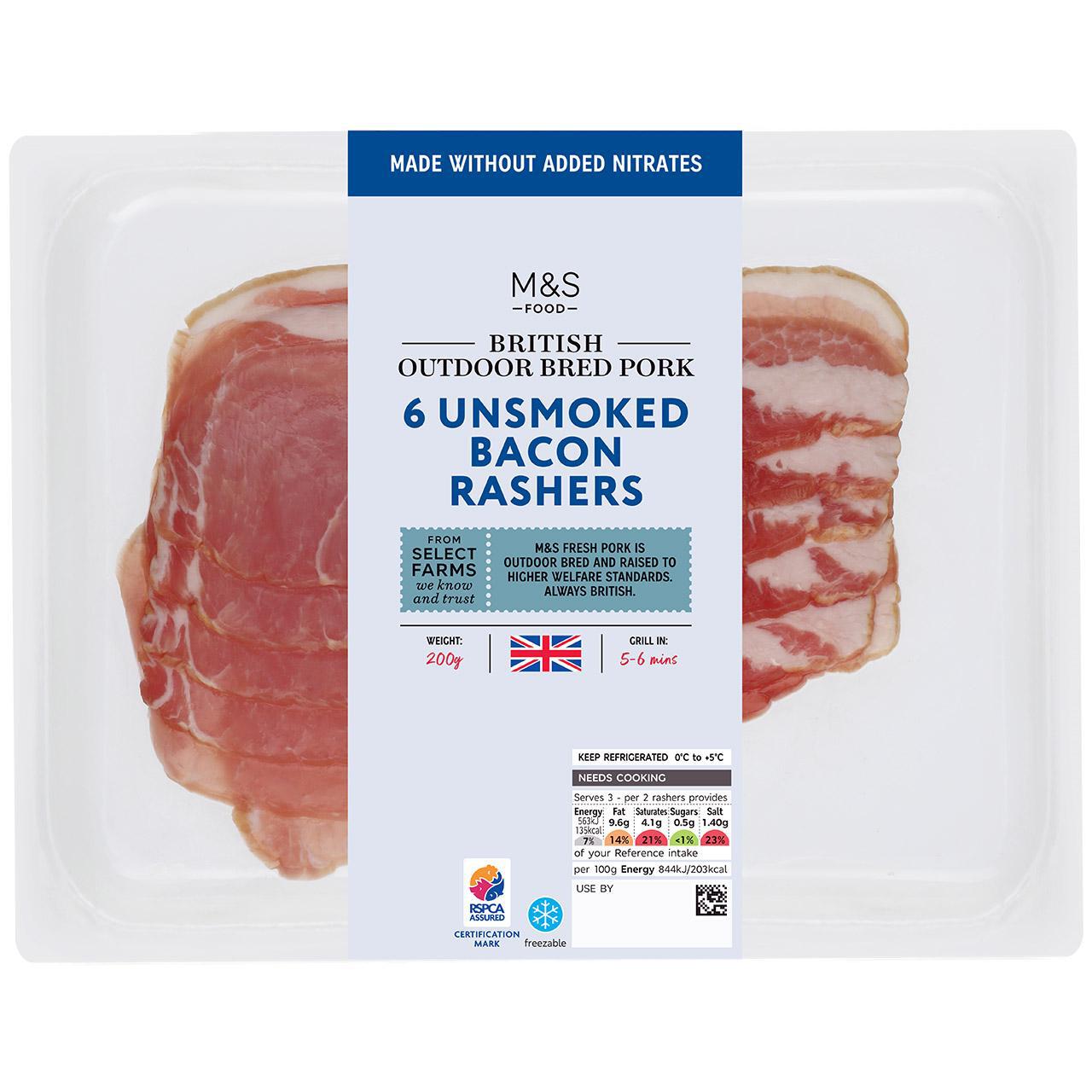 M&S British 6 Unsmoked Bacon Rashers Made Without Nitrites 200g
