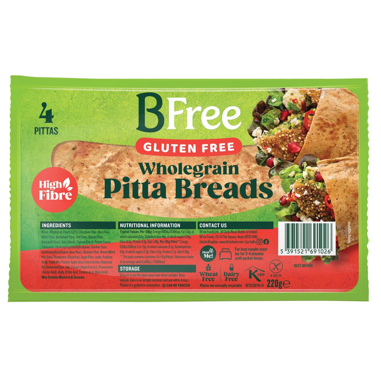 BFree Stone Baked Wholegrain Pitta Bread 4 x 55g