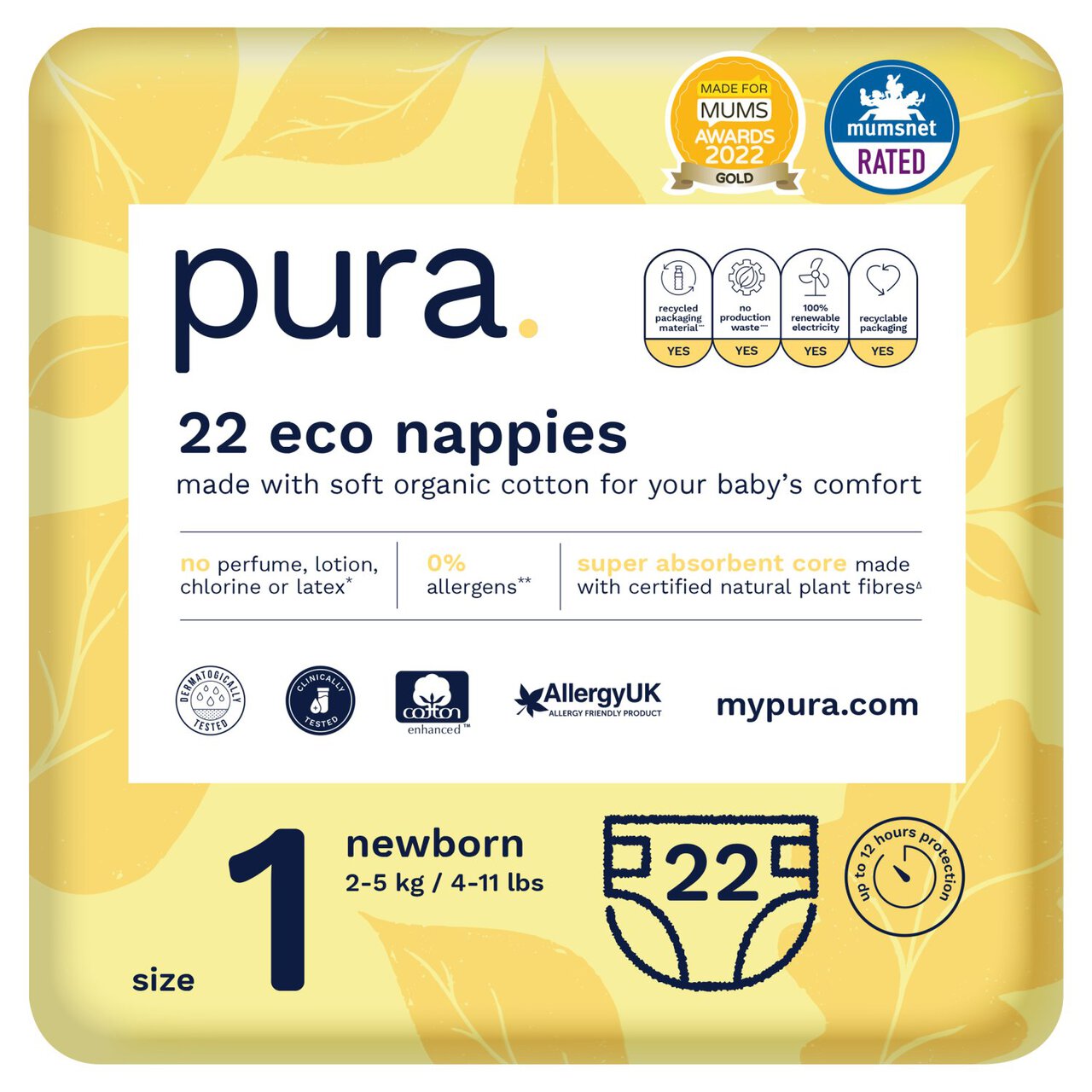 Pura Eco Nappies, Size 1 (2-5kg) 22 per pack