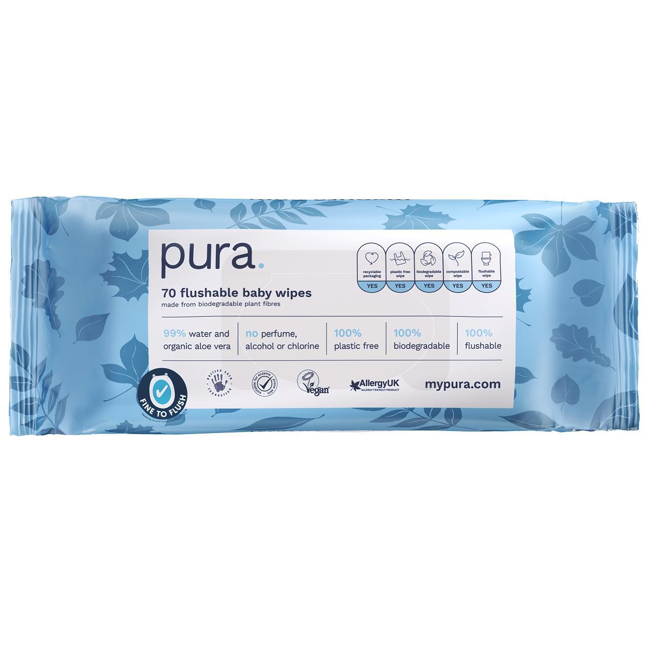 Pura Flushable Eco Baby Wipes 70 per pack