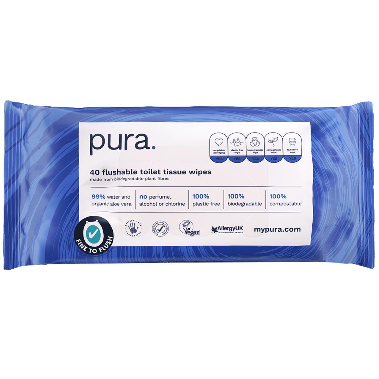 Pura 100% Plastic free, biodegradable flushable toilet wipes (40 wipe pack) 40 per pack