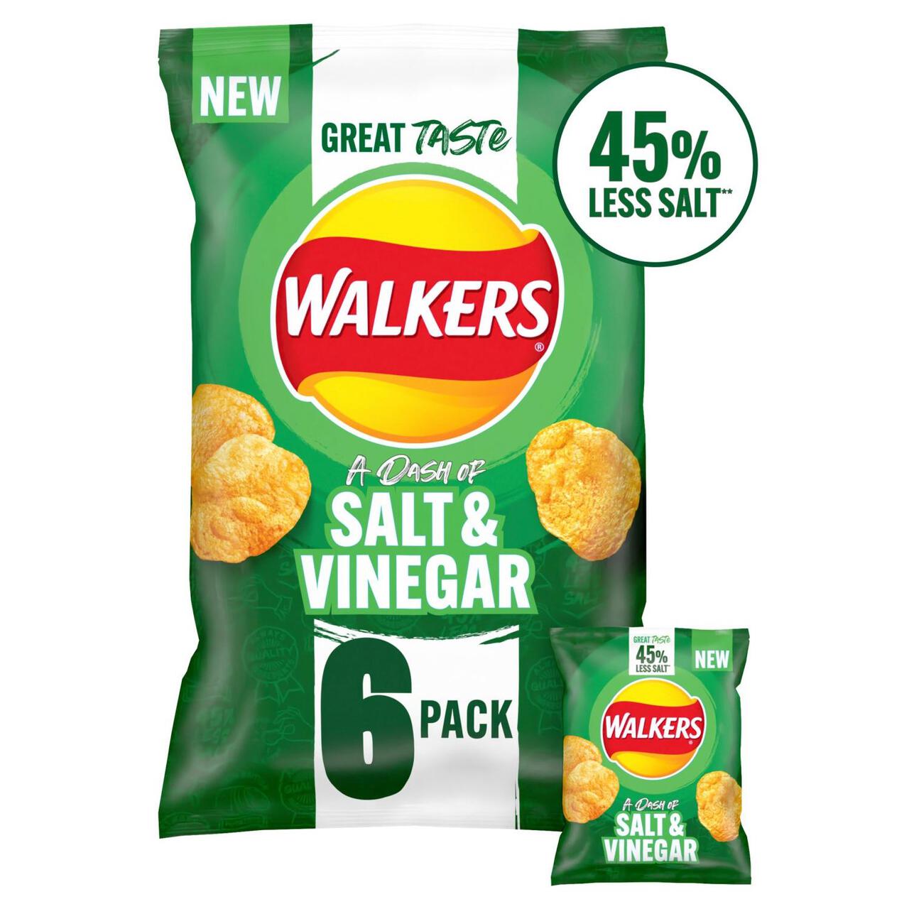 Walkers Less Salt A Dash of Salt & Vinegar Multipack Crisps 6 per pack