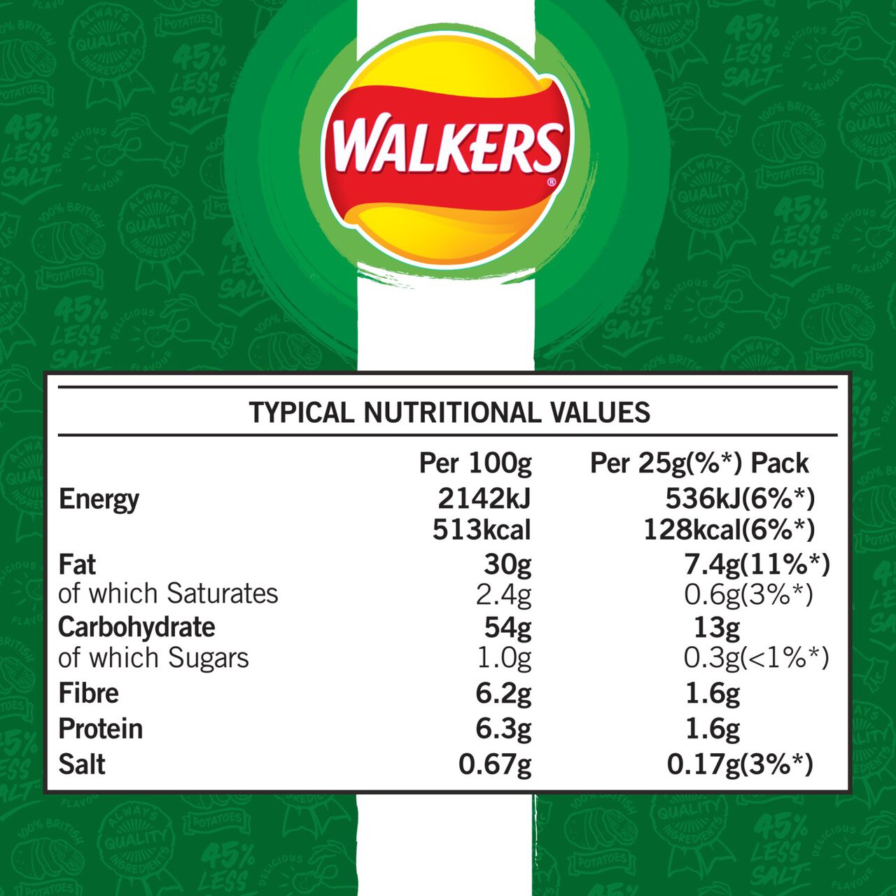 Walkers Less Salt A Dash of Salt & Vinegar Multipack Crisps 6 per pack