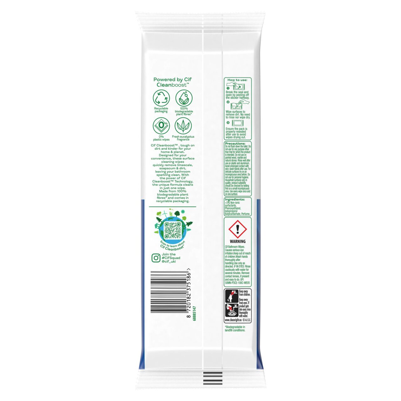 Cif Bathroom Cleaning Biodegradable Wipes Fresh Eucalyptus 60 per pack