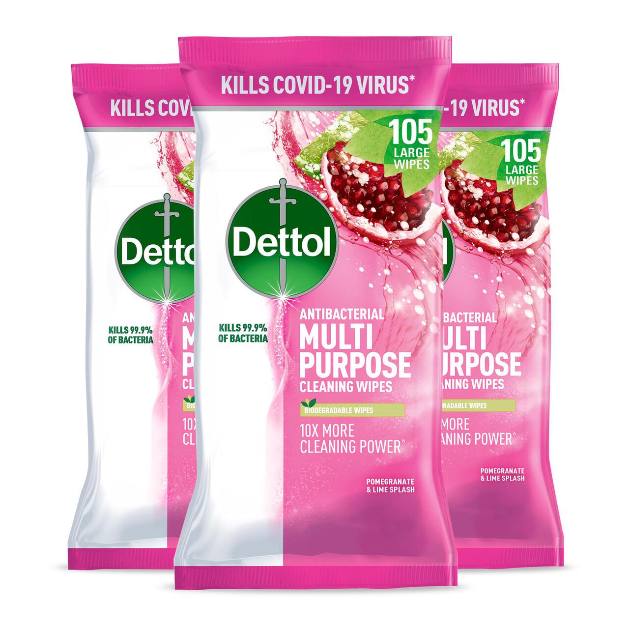Dettol Antibacterial Biodegradable Pomegranate and Lime Multi Surface Wipes 3 x 105 per pack