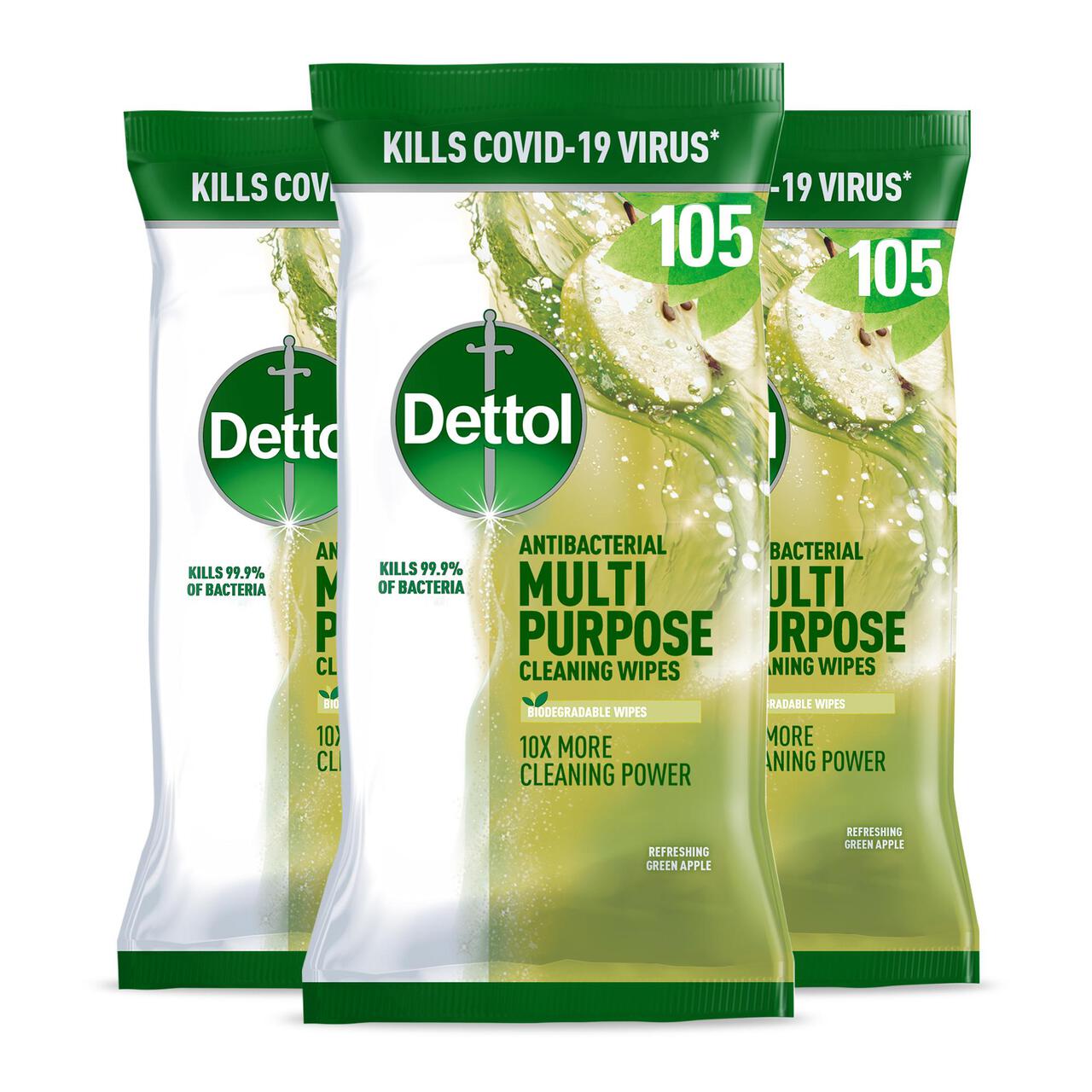 Dettol Antibacterial Biodegradable Green Apple Multi Surface Cleaning Wipes 3 x 105 per pack