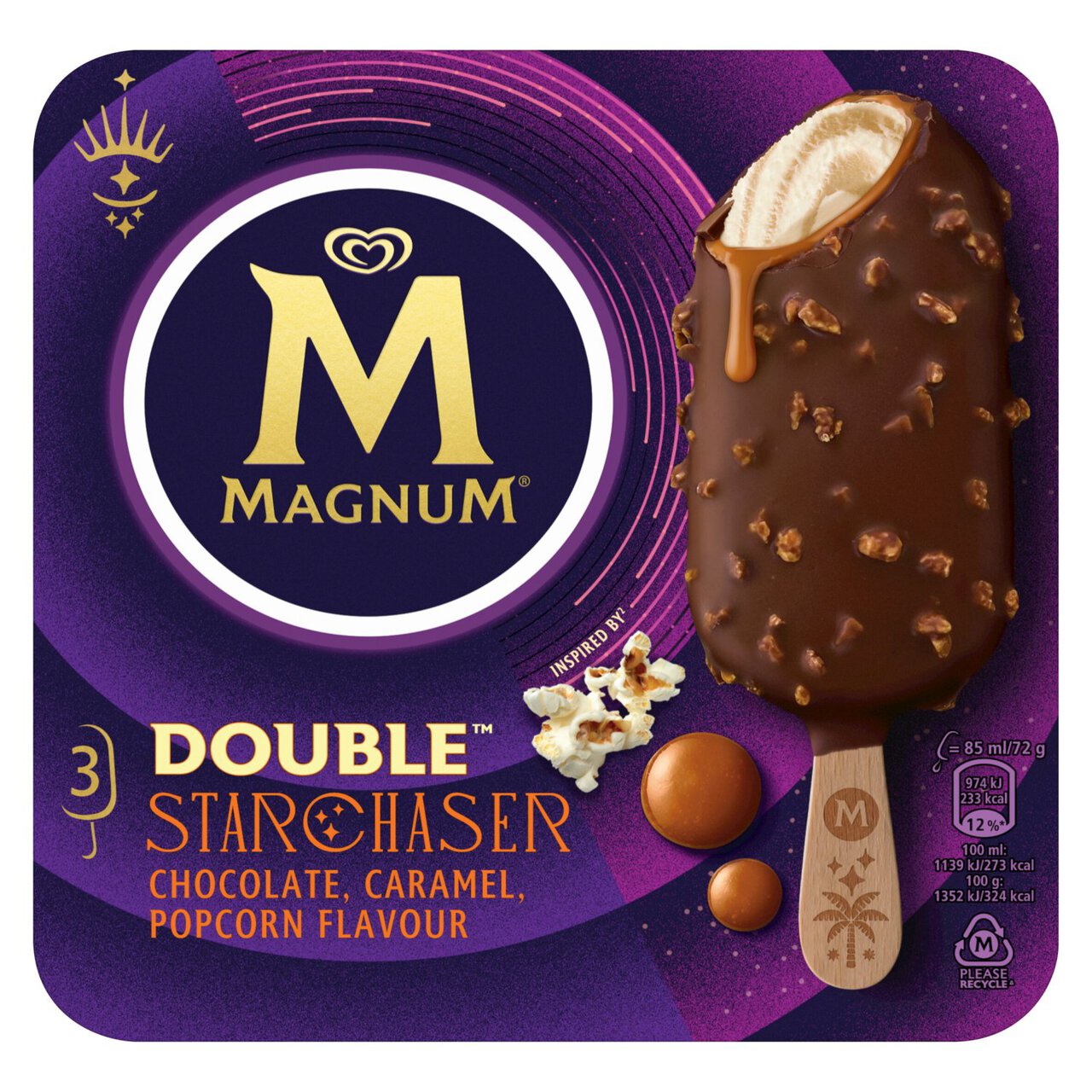 Magnum Star Chaser Chocolate Caramel & Popcorn Ice Cream Lollies 3 x 85ml