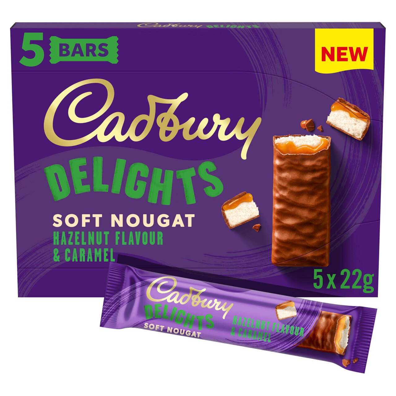 Cadbury Delights Soft Nougat Hazelnut & Caramel Chocolate Bars 5 x 22g