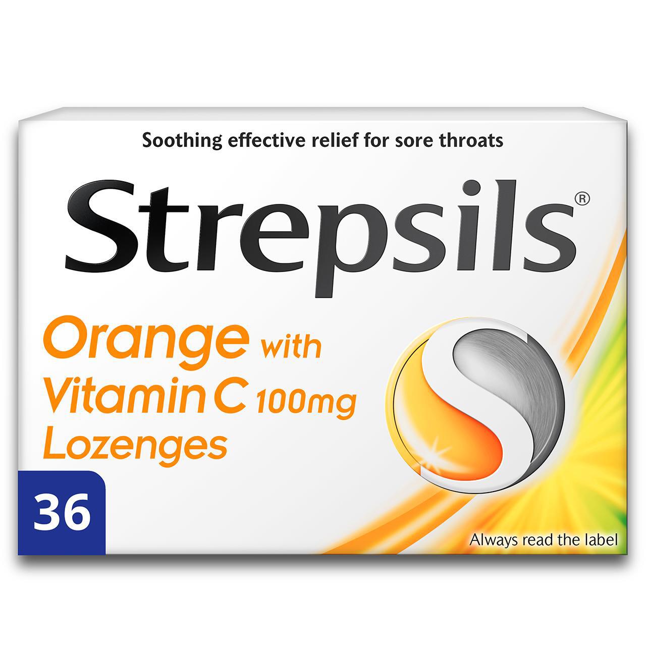 Strepsils Orange and Vitamin C Lozenges for Sore Throat 36 per pack