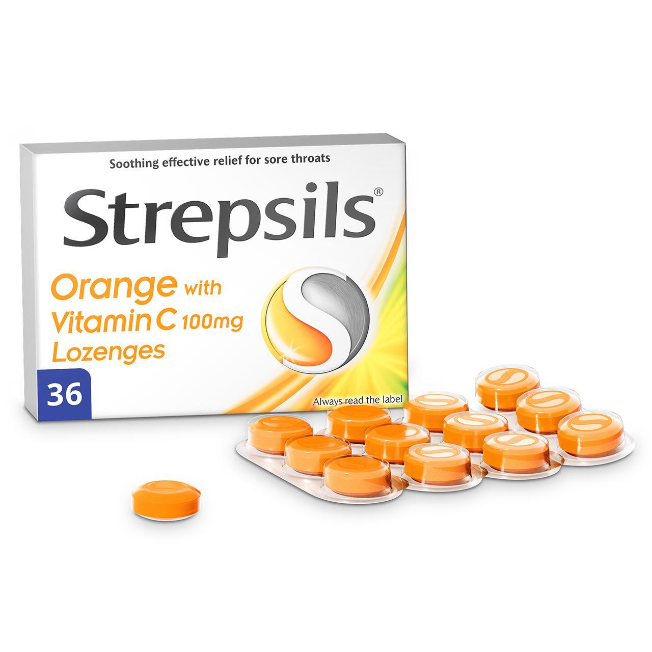Strepsils Orange and Vitamin C Lozenges for Sore Throat 36 per pack