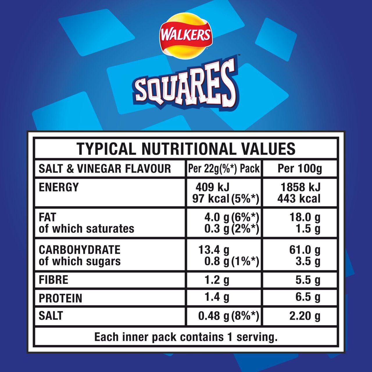 Walkers Squares Salt & Vinegar Multipack Snacks 6 per pack